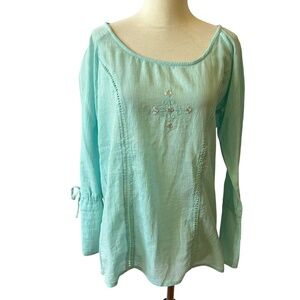 COTTON TOP WOMENS M BOHO SEMI SHEER EMBROIDERED BEADED DETAIL CASUAL CHIC Y2K